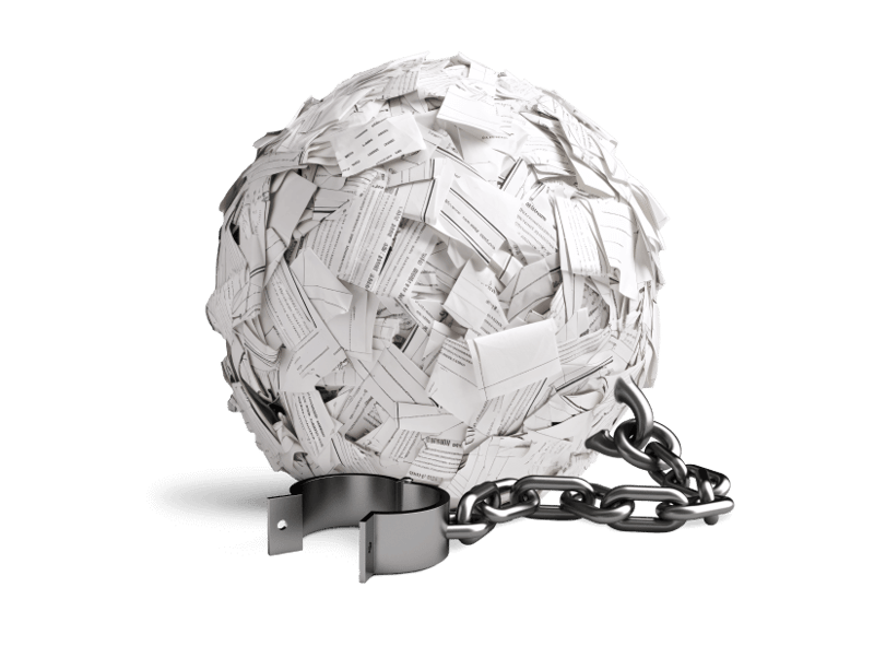 Illustration of a ball and chain made of paper mortgage documents