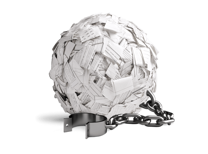 Illustration of a ball and chain made out of paper real estate documents