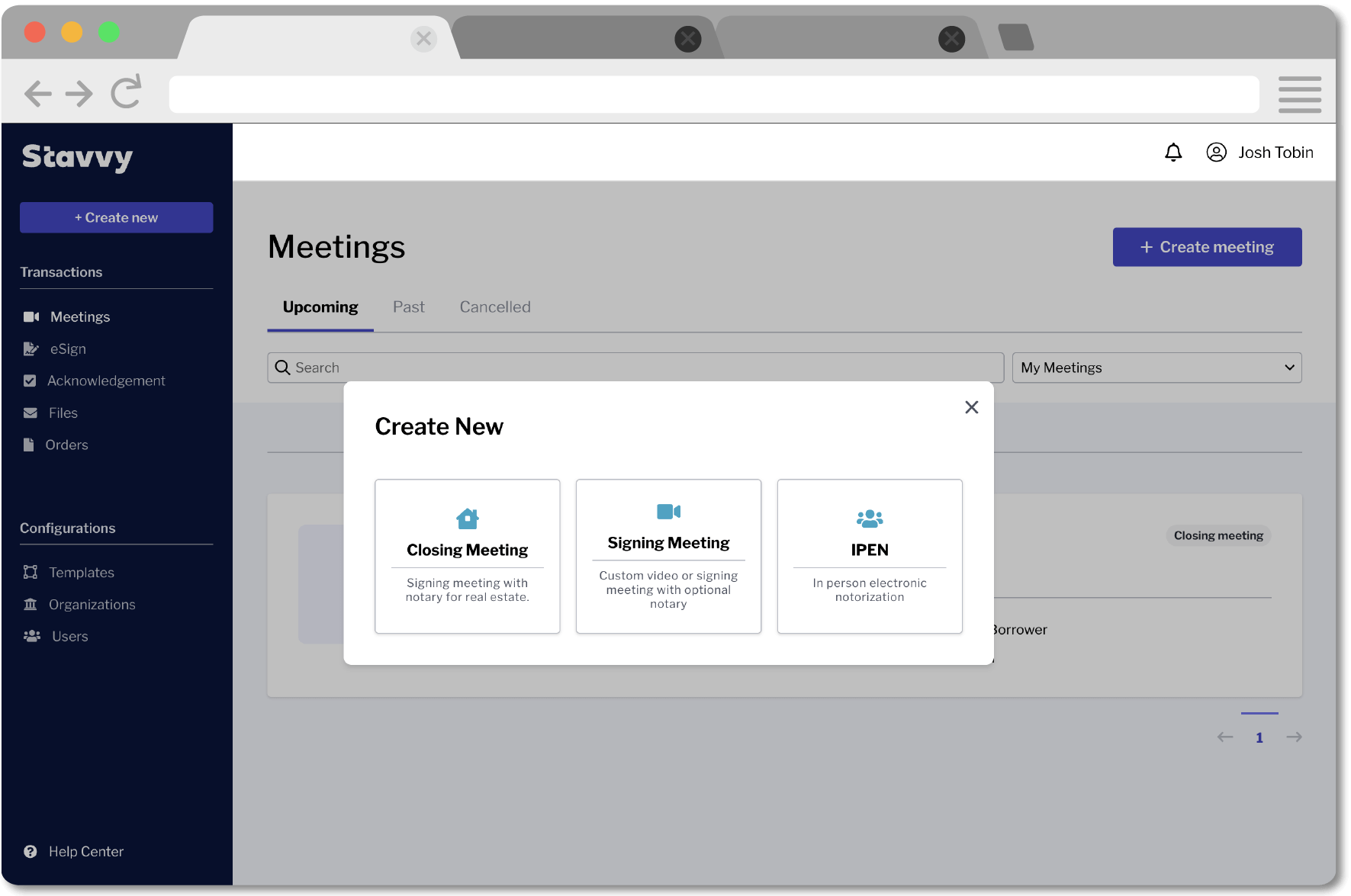 A browser window showing the Stavvy platform while a mortgage professional schedules a closing meeting A browser window showing the Stavvy platform while a mortgage professional schedules a closing meeting