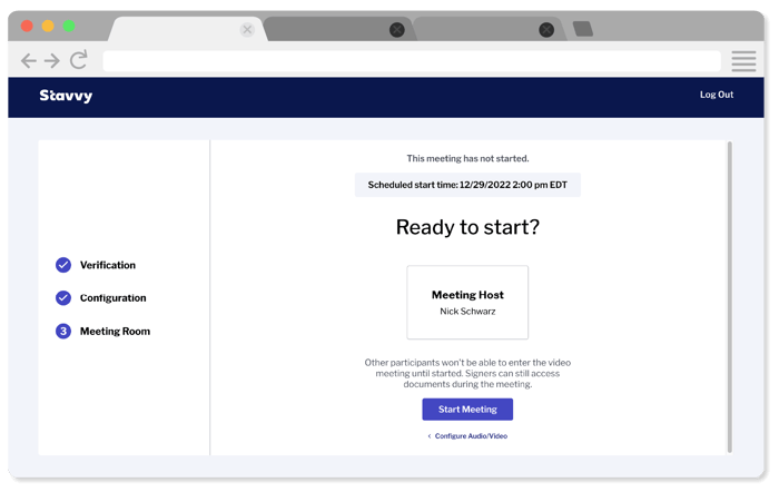 Browser showing the Stavvy platform notary meeting Browser showing the Stavvy platform notary meeting