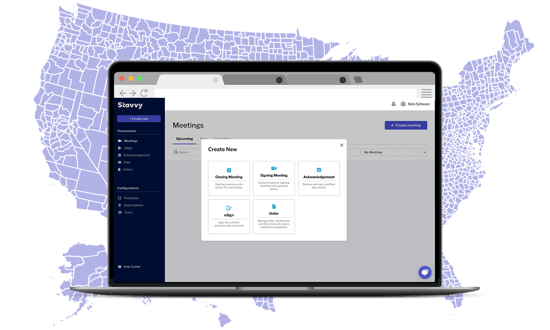 An open laptop with a US map displaying Stavvy's Eligibility Engine's ability to determine eClosing availability by county An open laptop with a US map displaying Stavvy's Eligibility Engine's ability to determine eClosing availability by county