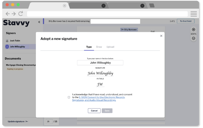 Stavvy Platform screen asking mortgage signer to adopt a new signature Stavvy Platform screen asking mortgage signer to adopt a new signature