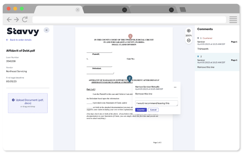 A browser window showing comments on an Affidavit of Debt document on the Stavvy Platform