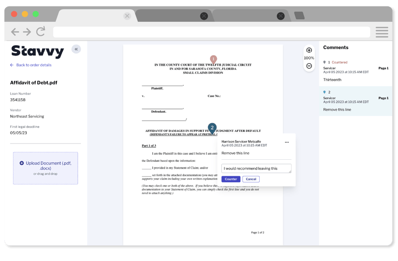 A browser window showing comments on an Affidavit of Debt document on the Stavvy Platform A browser window showing comments on an Affidavit of Debt document on the Stavvy Platform