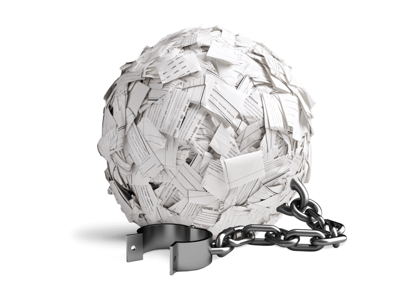 Illustration of a ball and chain made of paper documents