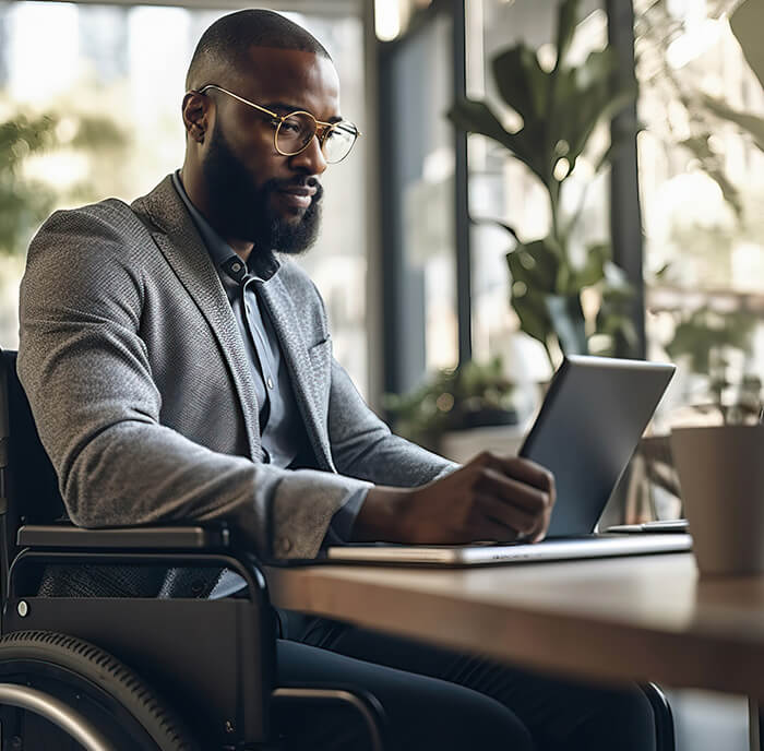 Man in a wheelchair accessing his documents on his laptop