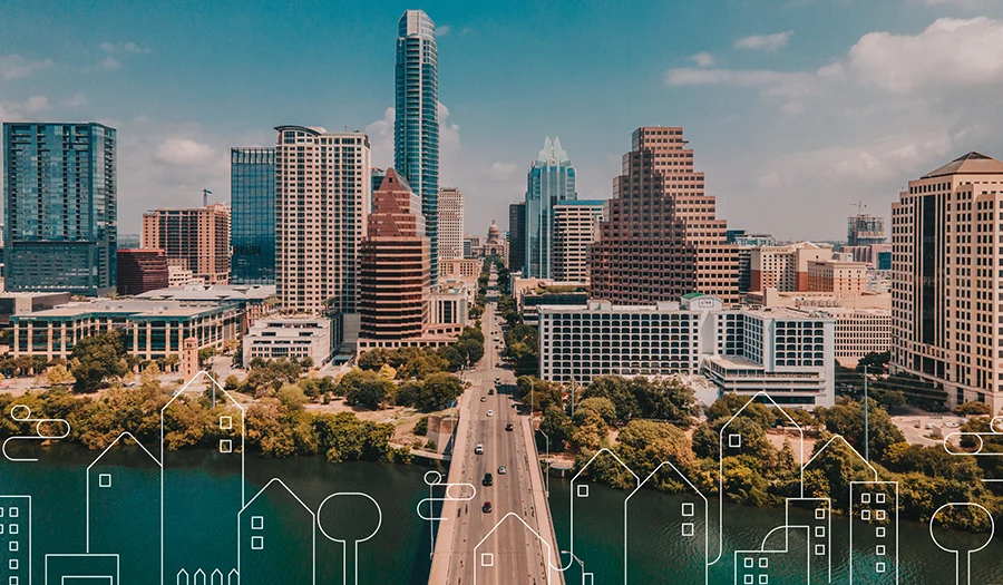 Austin, Texas skyline with Stavvy illustration